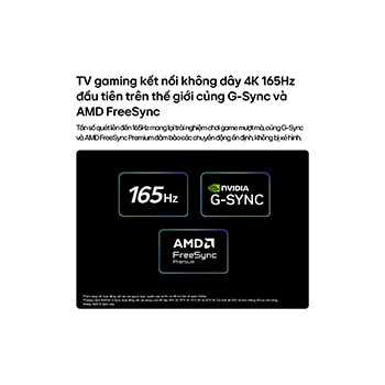 LG OLED evo AI W6 Wallpaper TV for Unbeatable Gameplay in 4K 165Hz shows a high-speed racing game with a yellow open-wheel car in motion, bold “WIN” text on screen, and NVIDIA G-SYNC and AMD FreeSync Premium logos at the top.